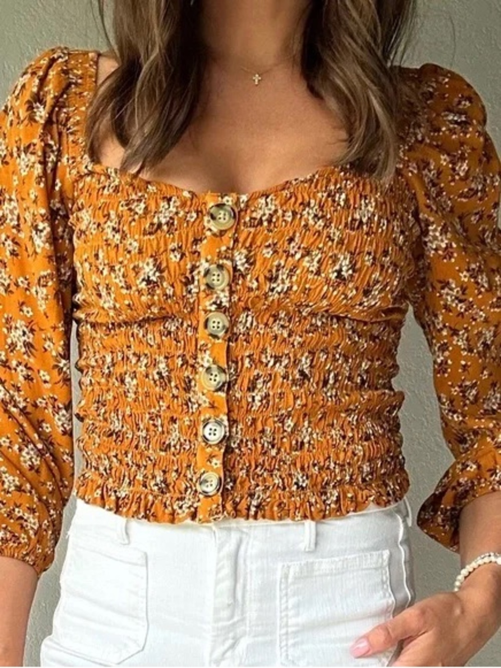 American Eagle Womens Mustard Floral Smocked Button-Front Women's Top